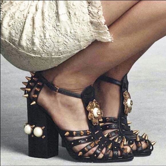 Gucci Black Leather Kendall Studded Pearl Embellished Cage Block Heels EU 39 - Picture 3 of 16